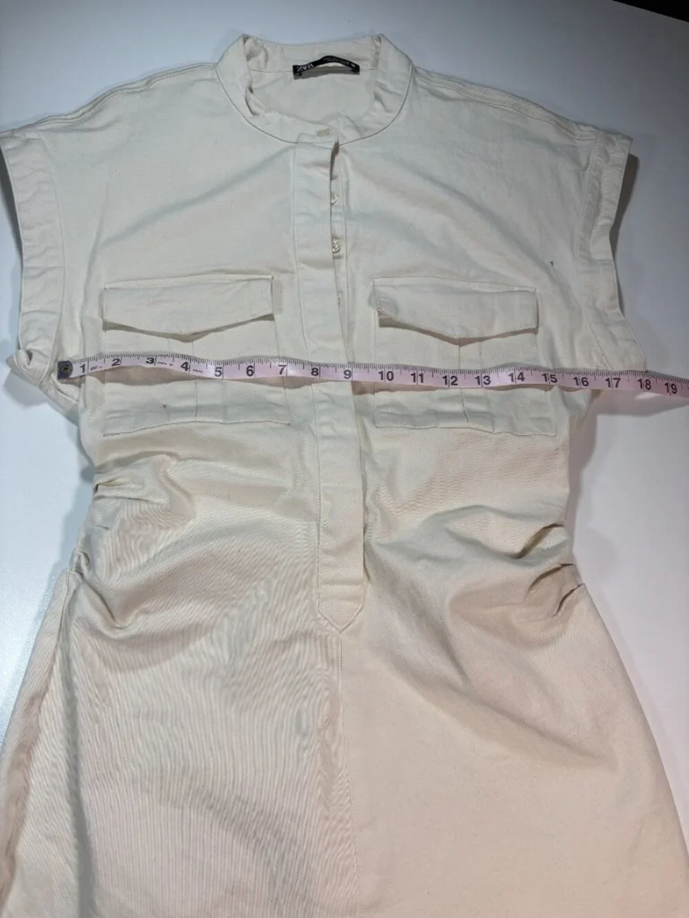 Zara cream utility mini dress ruched waist safari style cotton dress - Picture 6 of 9
